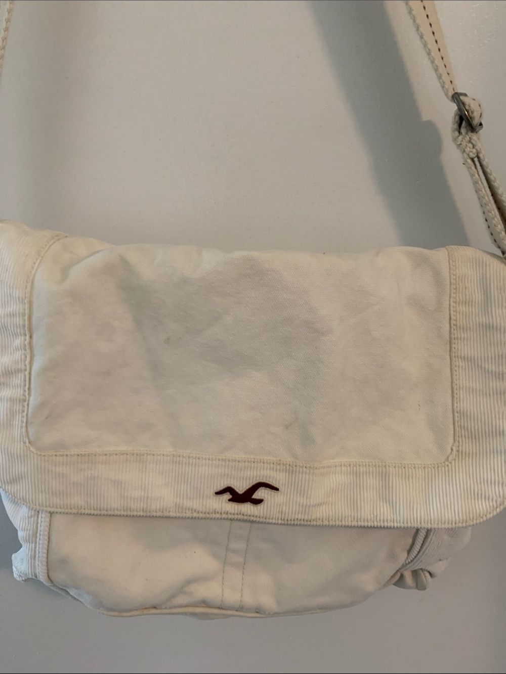 Hollister Off-White Canvas Flap Crossbody with Maroon Logo